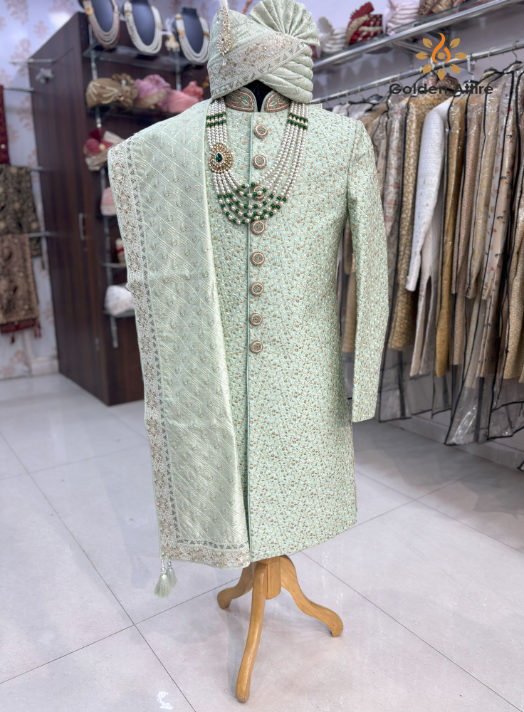 Elegant Mint Green Sherwani for Groom, Indian Wedding Sherwani with Zardozi Embroidery