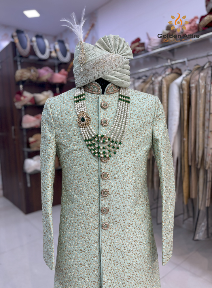 Elegant Mint Green Sherwani for Groom, Indian Wedding Sherwani with Zardozi Embroidery