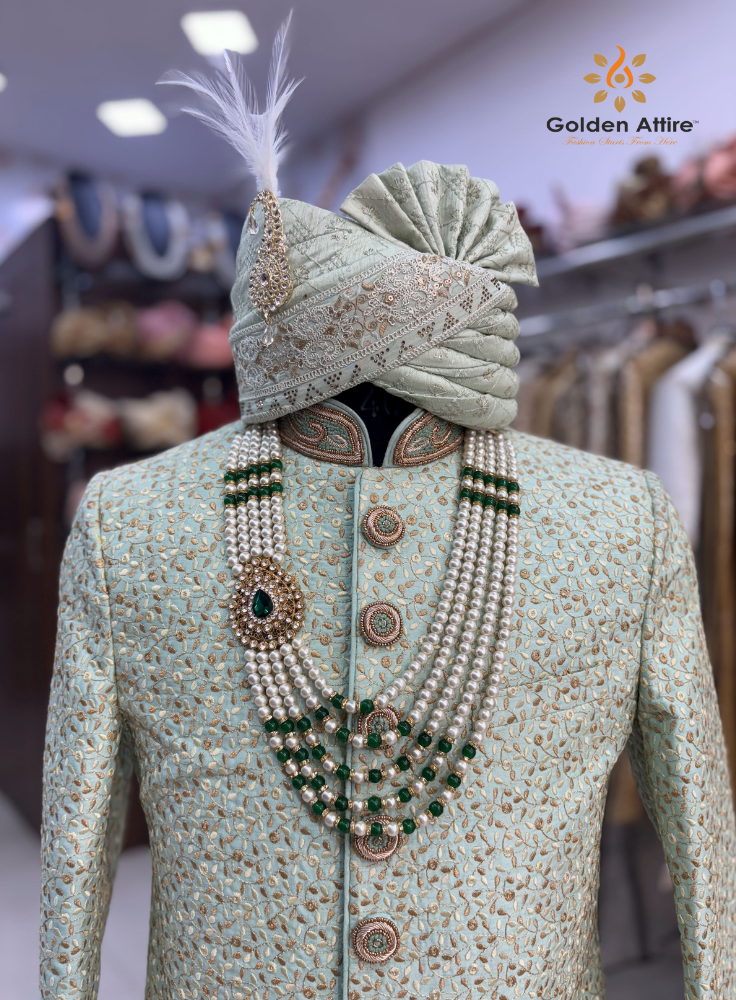Elegant Mint Green Sherwani for Groom, Indian Wedding Sherwani with Zardozi Embroidery