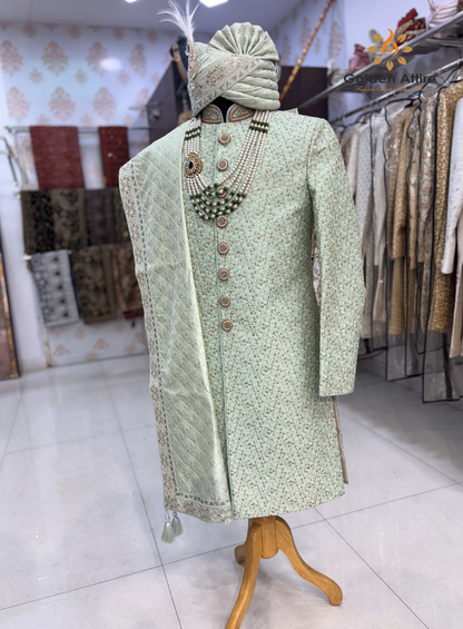 Elegant Mint Green Sherwani for Groom, Indian Wedding Sherwani with Zardozi Embroidery