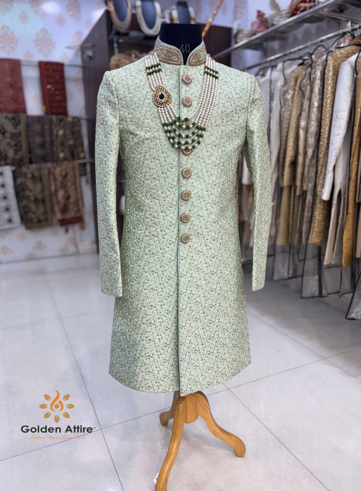 Elegant Mint Green Sherwani for Groom, Indian Wedding Sherwani with Zardozi Embroidery