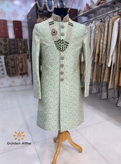 Elegant Mint Green Sherwani for Groom, Indian Wedding Sherwani with Zardozi Embroidery