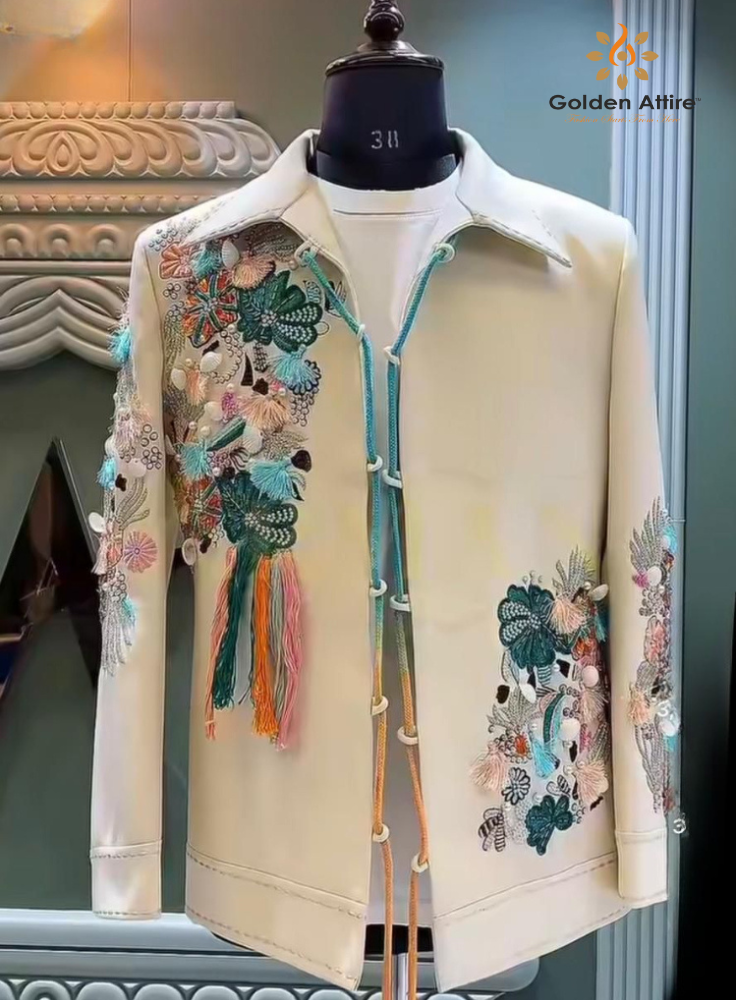 Groom Jacket Embroidered Pearls Tassels Handmade Luxury Wedding Reception