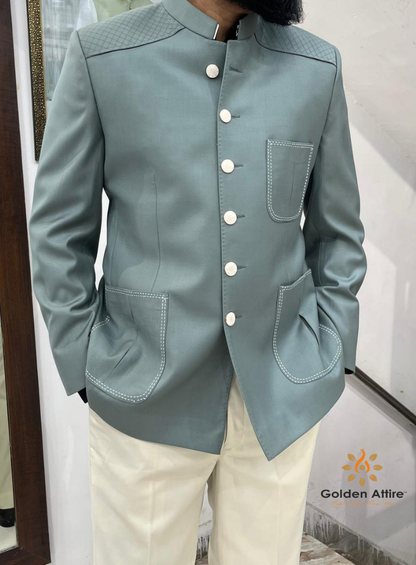 Elegant Sage Green Jodhpuri Suit for Men, Wedding Bandhgala Suit