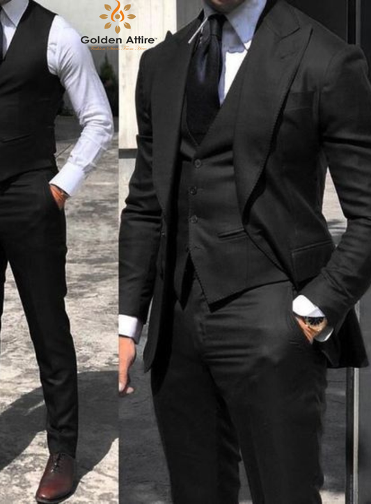 Men's Black 3 Piece Suit for Wedding Groom Elegant Premium Fabric