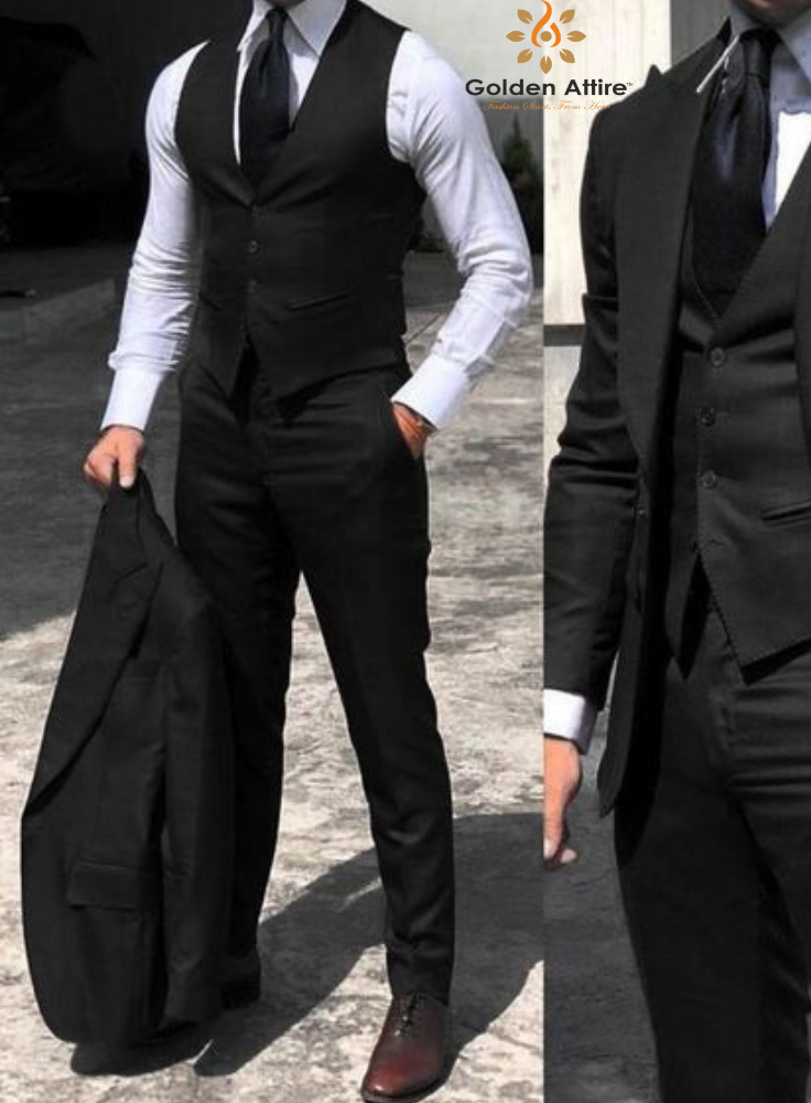 Men's Black 3 Piece Suit for Wedding Groom Elegant Premium Fabric