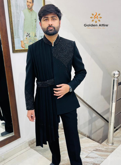 Elegant Black Indo Western Groom Outfit, Draped Sherwani with Asymmetric Jacket