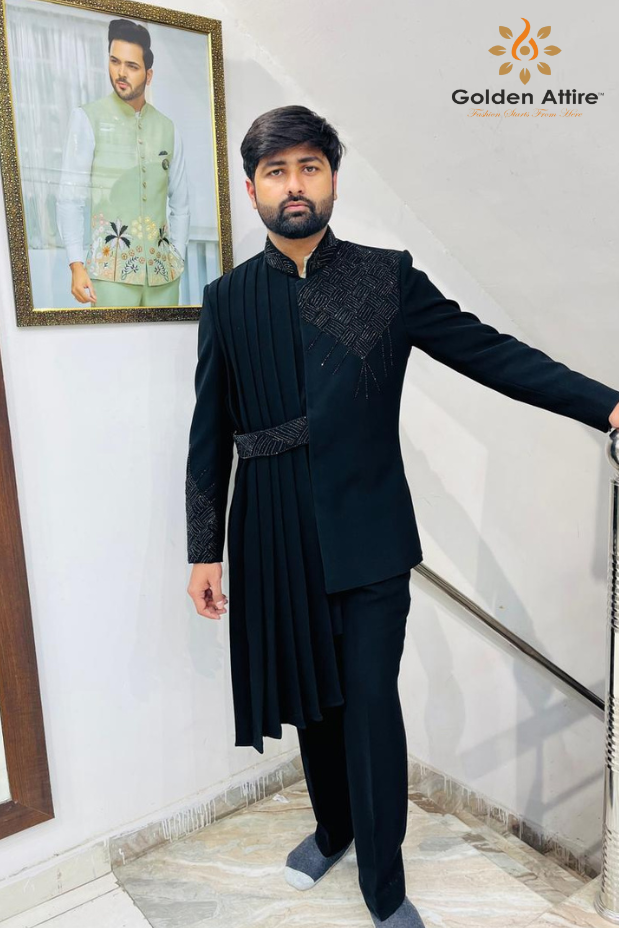Elegant Black Indo Western Groom Outfit, Draped Sherwani with Asymmetric Jacket