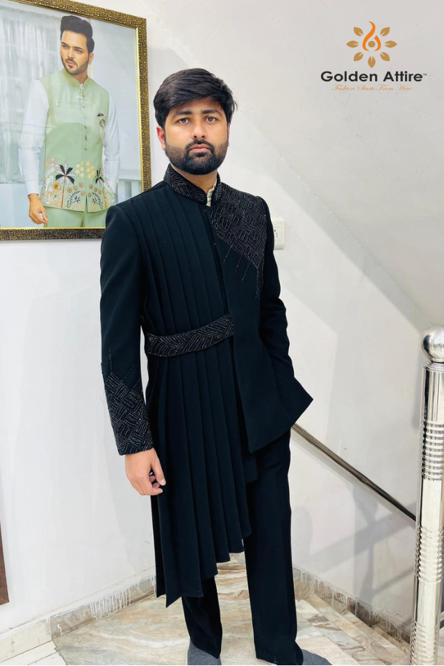 Elegant Black Indo Western Groom Outfit, Draped Sherwani with Asymmetric Jacket