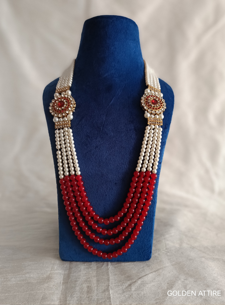 Maroon Pearl Groom Necklace, Indian Wedding Sherwani Kantha