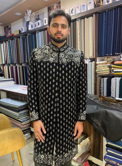 Black Velvet Indo Western Groom Suit, Zardozi Embroidery Sherwani