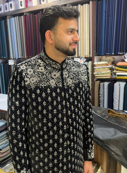 Black Velvet Indo Western Groom Suit, Zardozi Embroidery Sherwani