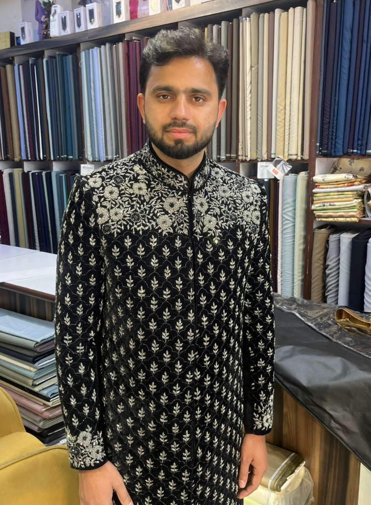 Black Velvet Indo Western Groom Suit, Zardozi Embroidery Sherwani