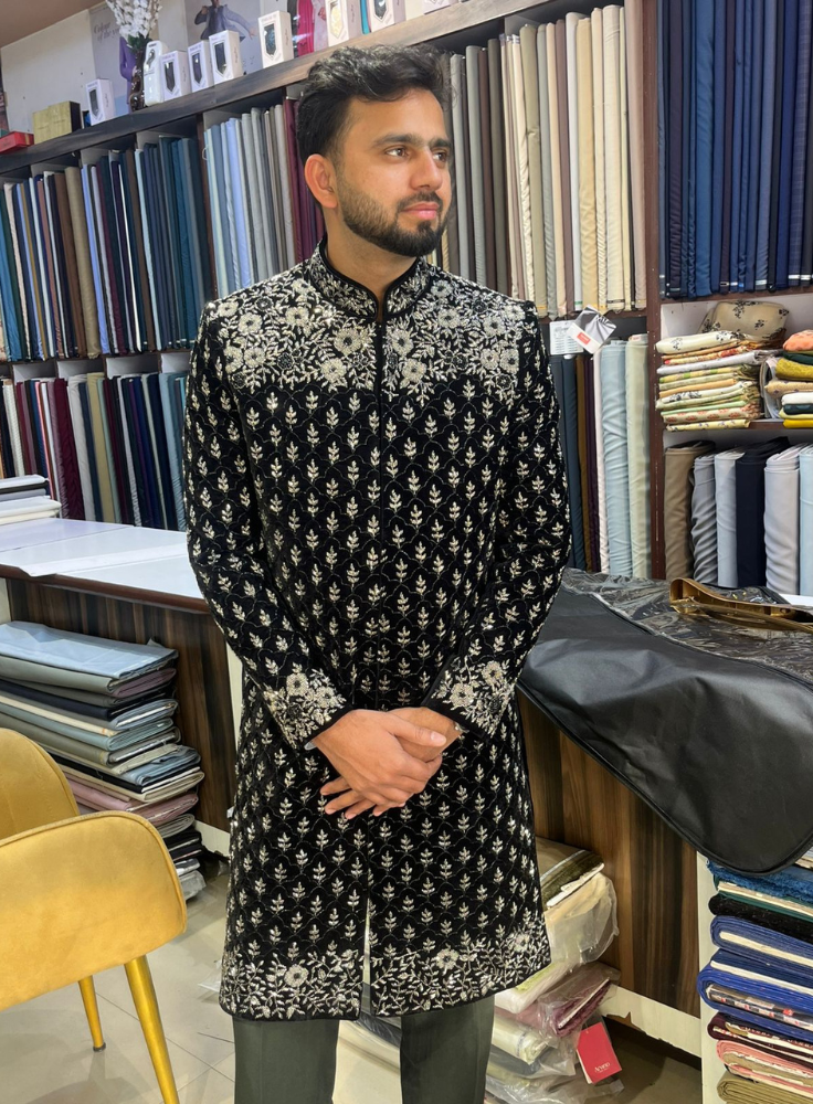 Black Velvet Indo Western Groom Suit, Zardozi Embroidery Sherwani