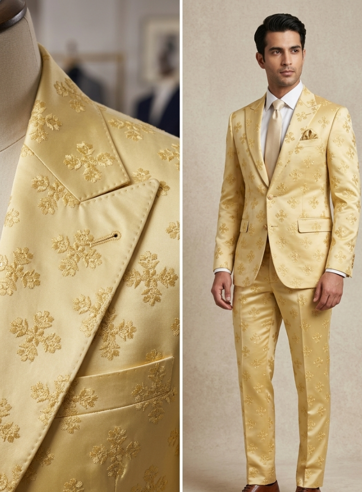 Butter Yellow Groom Suit, Men Ethnic Wedding Suit with Champagne Gold Embroidery
