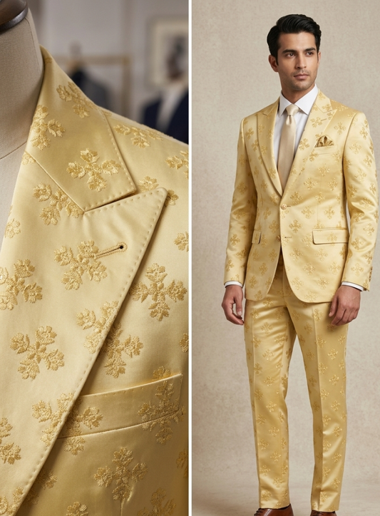 Butter Yellow Groom Suit, Men Ethnic Wedding Suit with Champagne Gold Embroidery