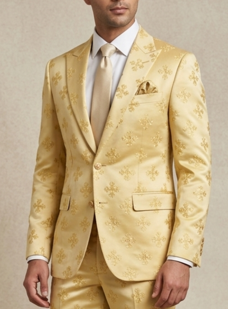 Butter Yellow Groom Suit, Men Ethnic Wedding Suit with Champagne Gold Embroidery