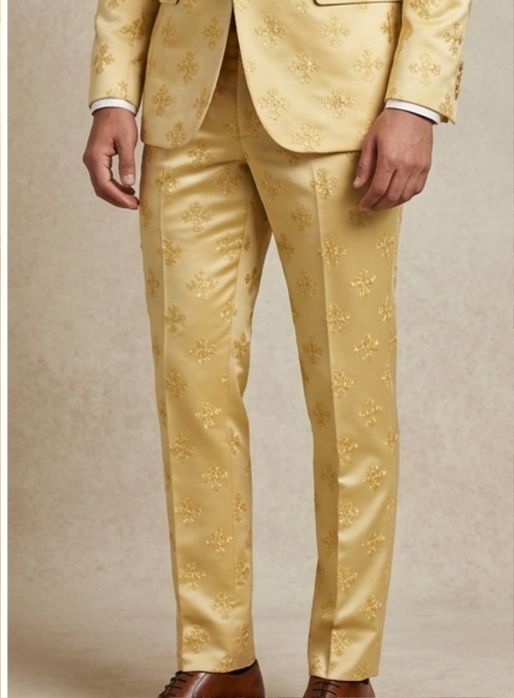 Butter Yellow Groom Suit, Men Ethnic Wedding Suit with Champagne Gold Embroidery