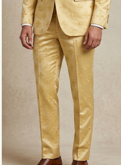 Butter Yellow Groom Suit, Men Ethnic Wedding Suit with Champagne Gold Embroidery