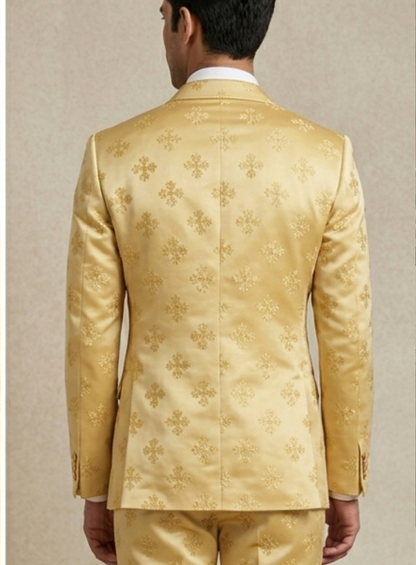 Butter Yellow Groom Suit, Men Ethnic Wedding Suit with Champagne Gold Embroidery
