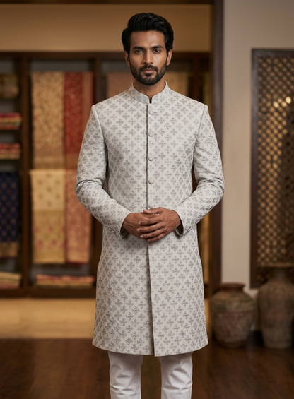 Elegant Light Grey Silk Achkan for Groom, Custom Tailored Wedding Set
