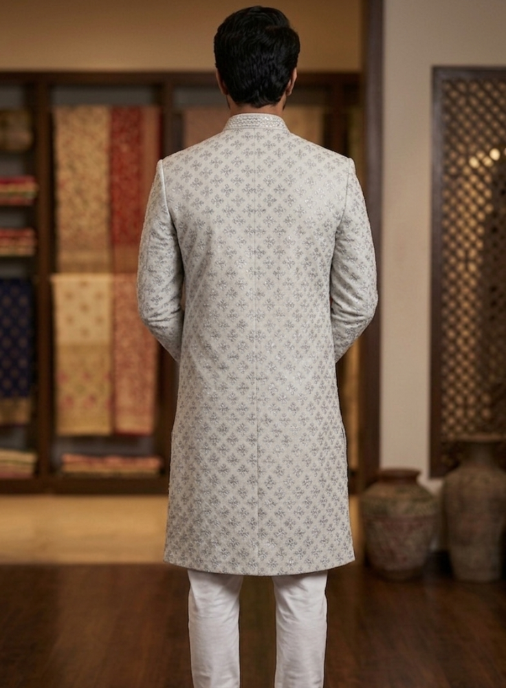 Elegant Light Grey Silk Achkan for Groom, Custom Tailored Wedding Set
