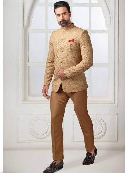 Champagne Velvet Bandhgala Suit, Traditional Jodhpuri Wedding Groom Outfit
