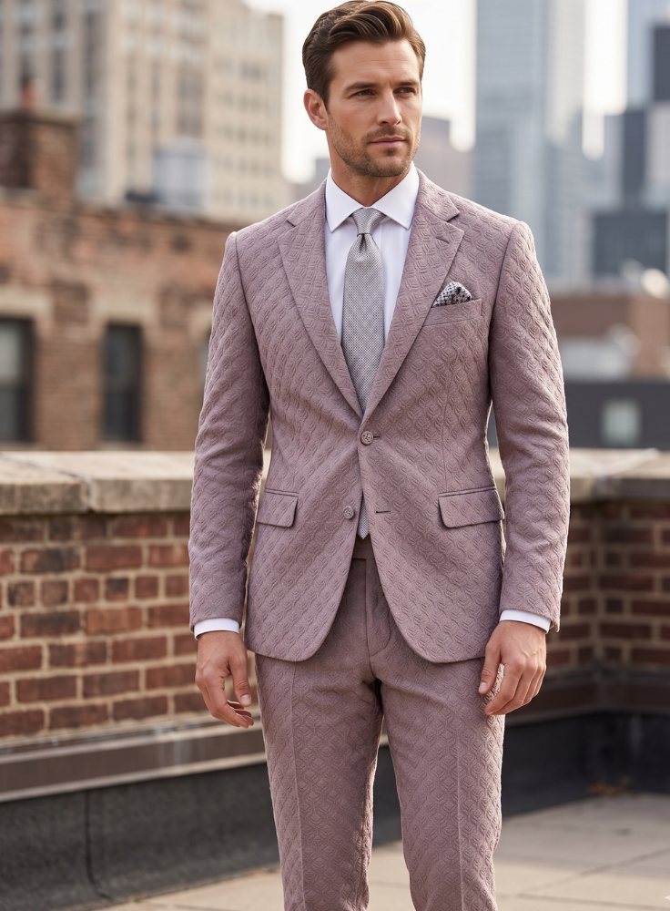Dusty Rose Textured Jacquard Two Piece Suit, Custom Fit Wedding Outfit for Men