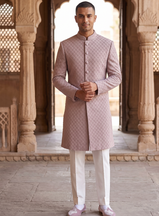 Dusty Rose Indo Western Sherwani for Groom, Elegant Achkan Set for Wedding Reception Engagement