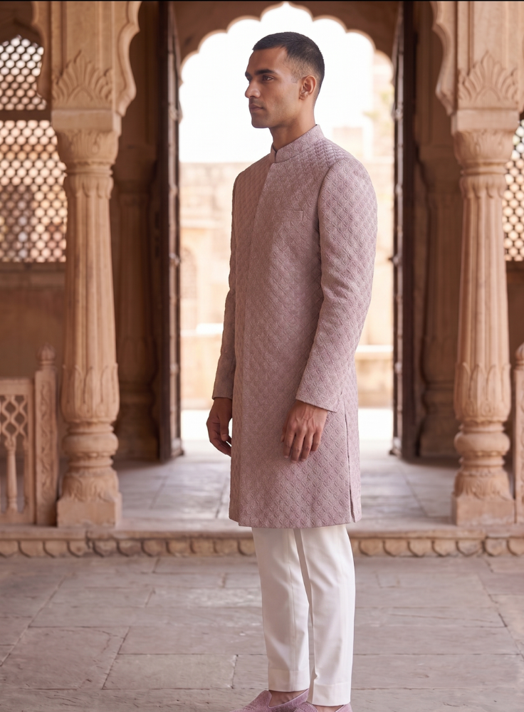 Dusty Rose Indo Western Sherwani for Groom, Elegant Achkan Set for Wedding Reception Engagement