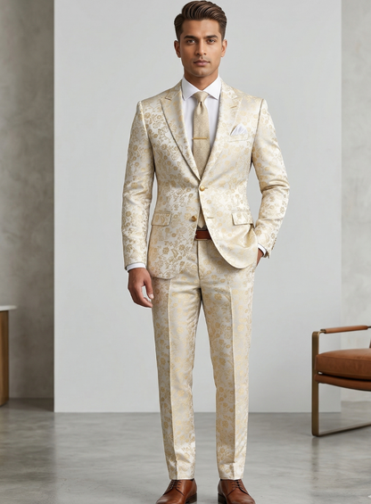Men's Ivory Gold Floral Brocade Two Piece Wedding Suit