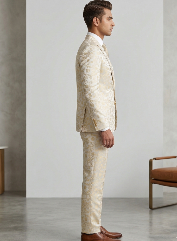 Men's Ivory Gold Floral Brocade Two Piece Wedding Suit
