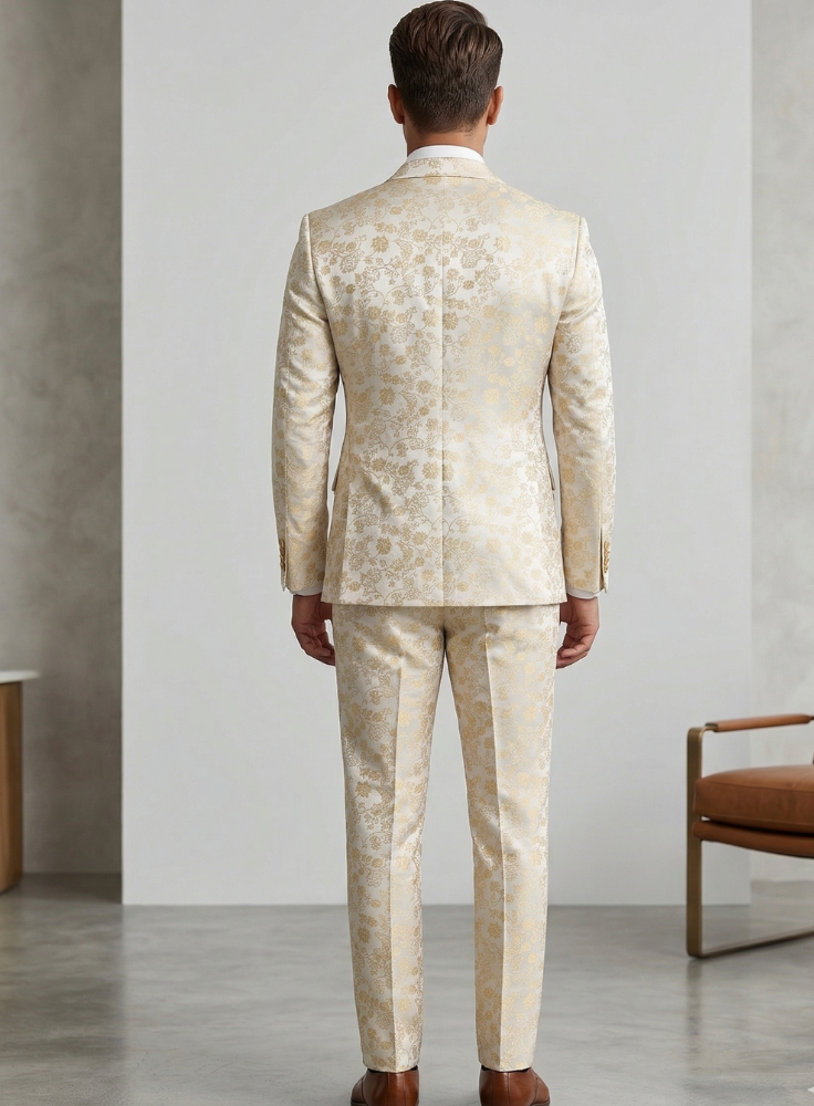 Men's Ivory Gold Floral Brocade Two Piece Wedding Suit
