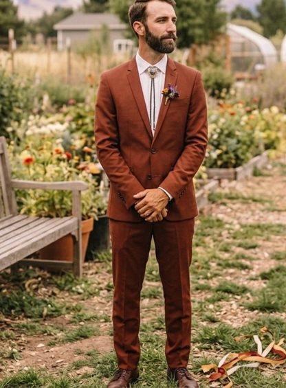 Rust Men's Wedding Suit Two Piece, Terracotta Groom Outfit for Outdoor Ceremony
