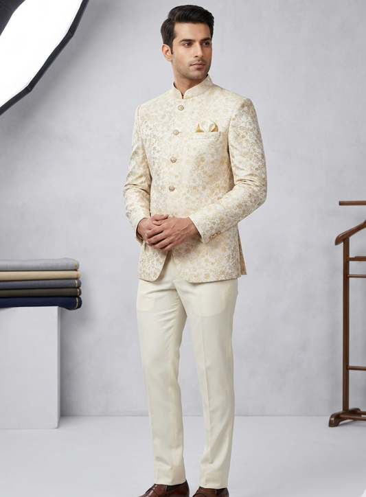 Men's Ivory Bandhgala Jodhpuri Suit, Indian Wedding Groom Outfit with Cream Trousers