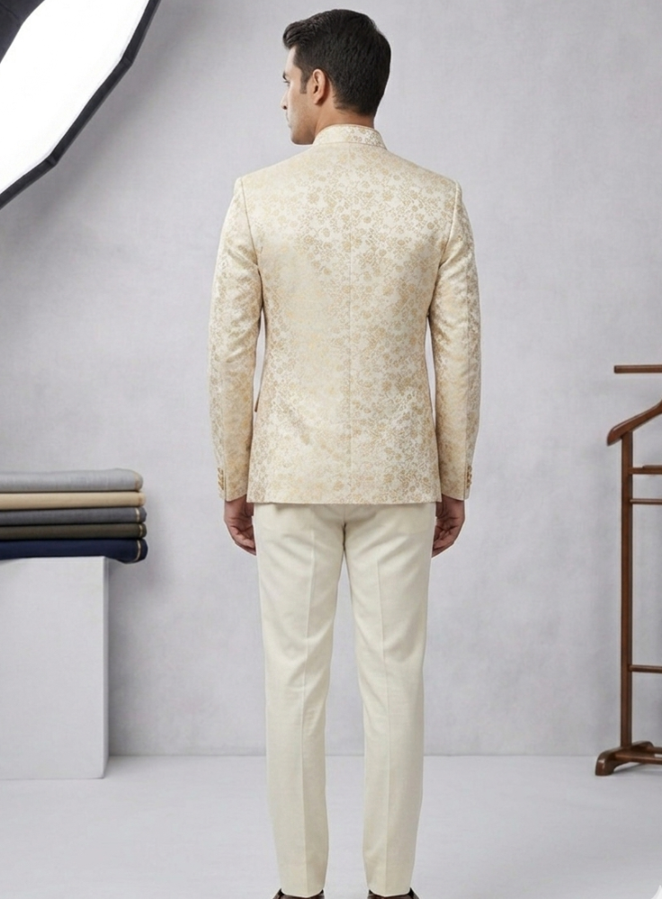 Men's Ivory Bandhgala Jodhpuri Suit, Indian Wedding Groom Outfit with Cream Trousers