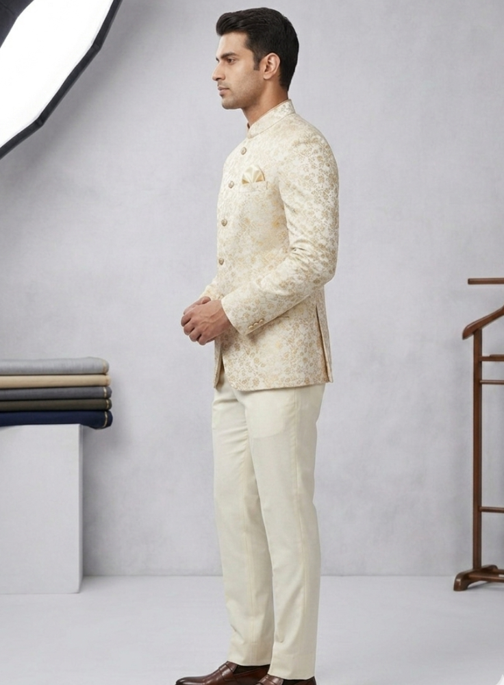 Men's Ivory Bandhgala Jodhpuri Suit, Indian Wedding Groom Outfit with Cream Trousers