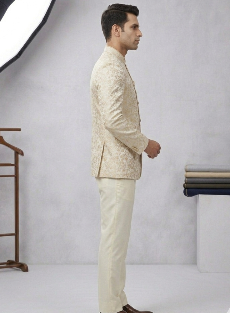 Men's Ivory Bandhgala Jodhpuri Suit, Indian Wedding Groom Outfit with Cream Trousers