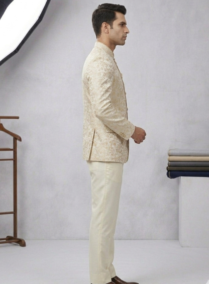 Men's Ivory Bandhgala Jodhpuri Suit, Indian Wedding Groom Outfit with Cream Trousers