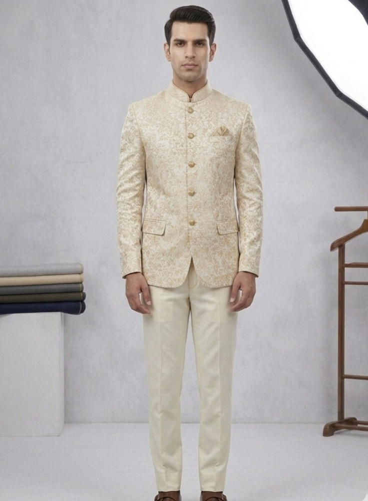 Men's Ivory Bandhgala Jodhpuri Suit, Indian Wedding Groom Outfit with Cream Trousers