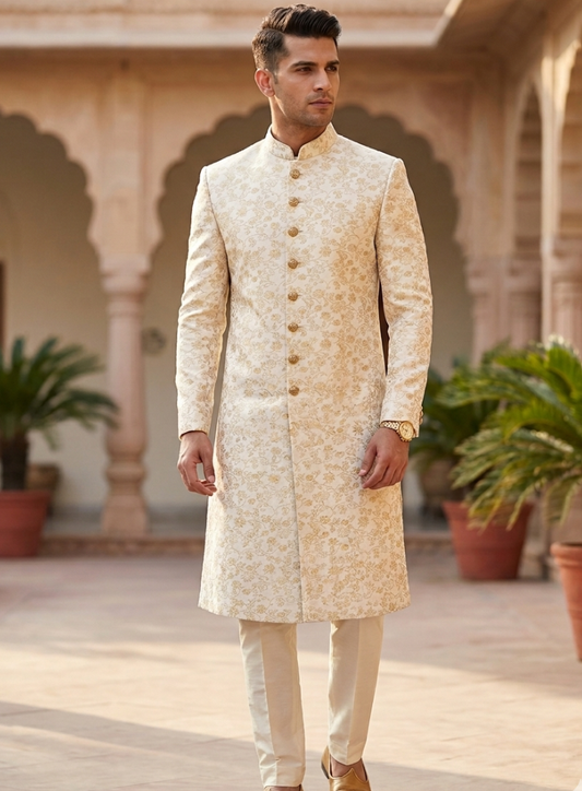 Ivory Gold Floral Brocade Sherwani, Elegant Indo-Western Groom Outfit