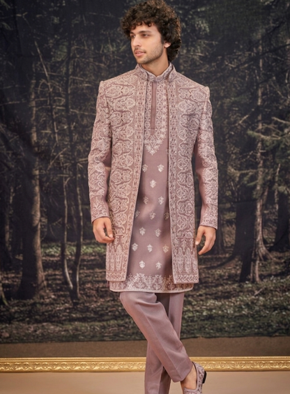 Dusty Rose Sherwani, Indo Western Shrug Jacket Groom Outfit