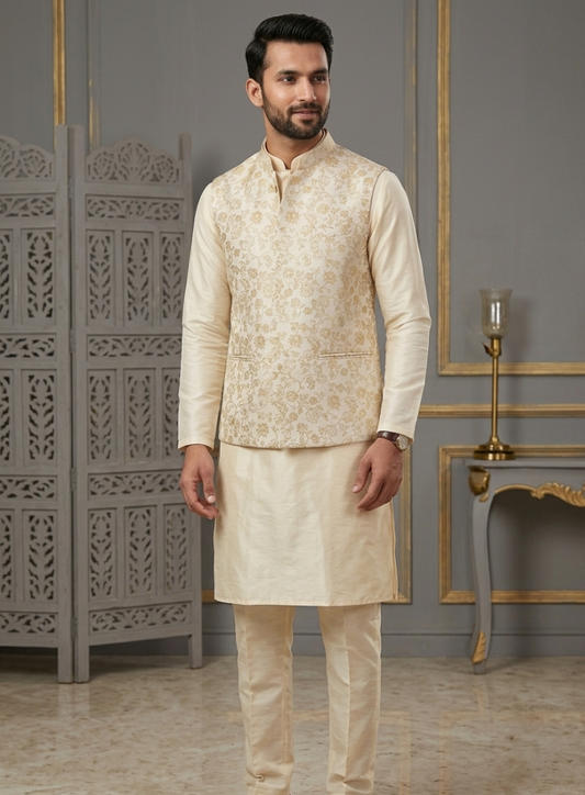 Men's Ivory Gold Brocade Kurta Pajama Set with Jacket