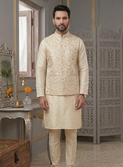 Men's Ivory Gold Brocade Kurta Pajama Set with Jacket