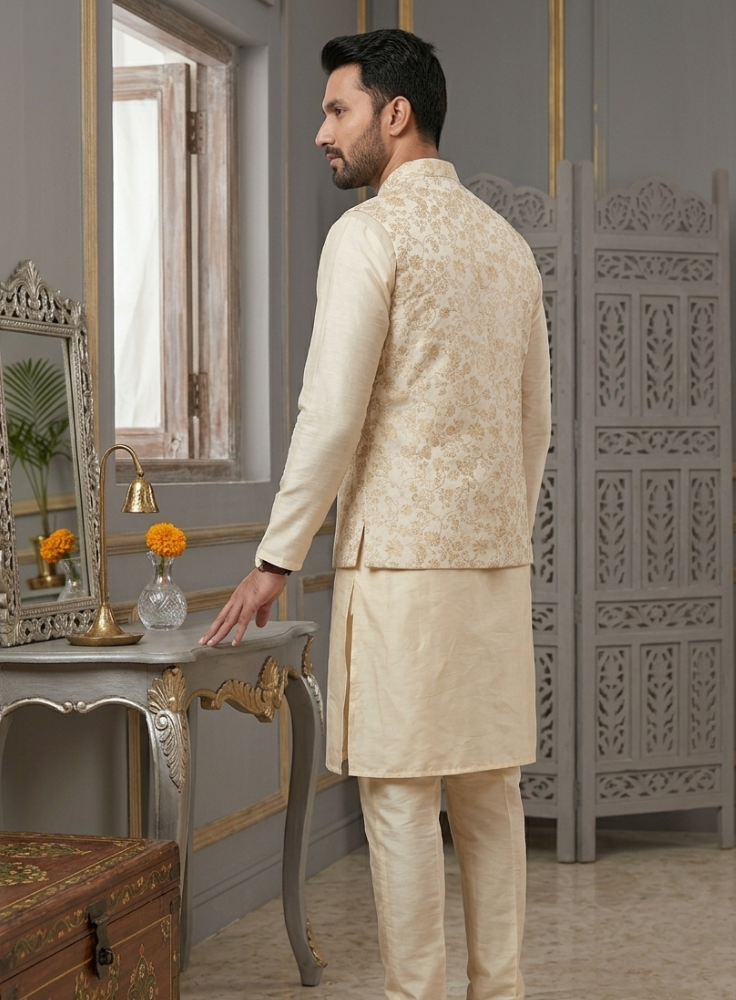 Men's Ivory Gold Brocade Kurta Pajama Set with Jacket