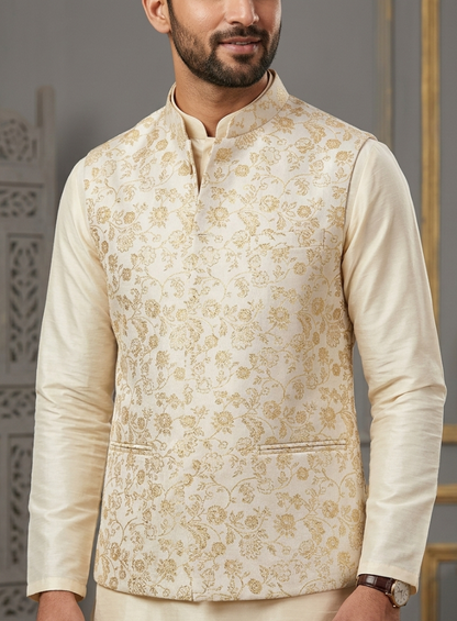 Men's Ivory Gold Brocade Kurta Pajama Set with Jacket