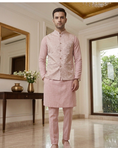 Blush Pink Floral Brocade Kurta Pajama Set with Jacket, Groom Wedding Nehru Bandi