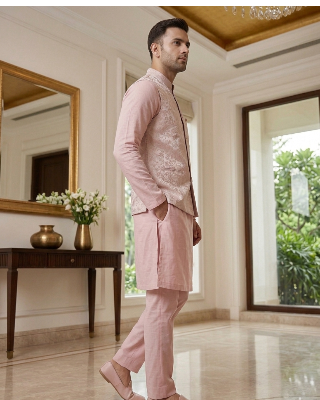 Blush Pink Floral Brocade Kurta Pajama Set with Jacket, Groom Wedding Nehru Bandi