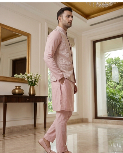 Blush Pink Floral Brocade Kurta Pajama Set with Jacket, Groom Wedding Nehru Bandi