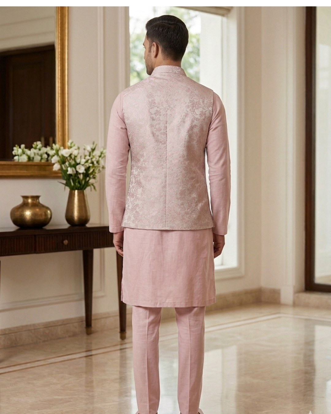 Blush Pink Floral Brocade Kurta Pajama Set with Jacket, Groom Wedding Nehru Bandi